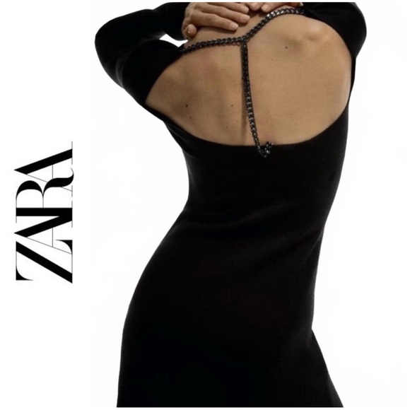 NWOT ZARA | SZ S | Black Sweater Long Sleeve Mini Dress with Chain Back - Picture 1 of 6
